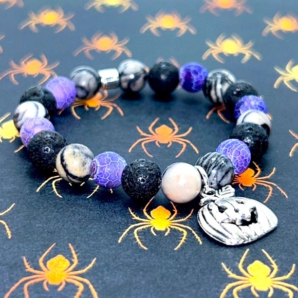 Handmade Halloween Pumpkin Charm Bracelet with Purple Amethyst and Lava Stones! - Picture 3 of 7